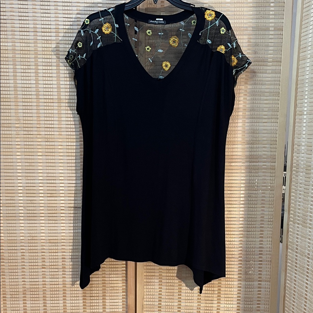 Cha Cha Vente Black Blouse with Floral Embroidered Accents 1X